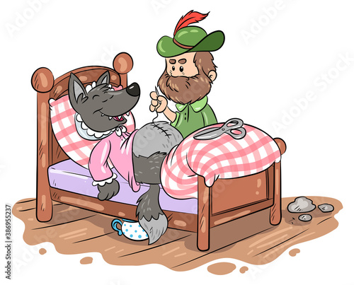 Jäger näht dem bösen Wolf Steine in den Bauch ein - Vektor-Illustration