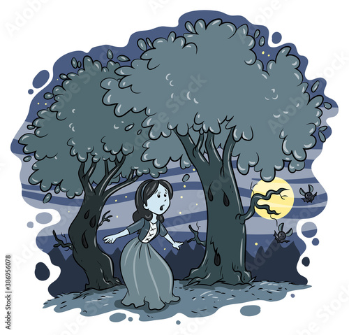Schneewittchen irrt durch den dunklen Wald - Vektor-Illustration