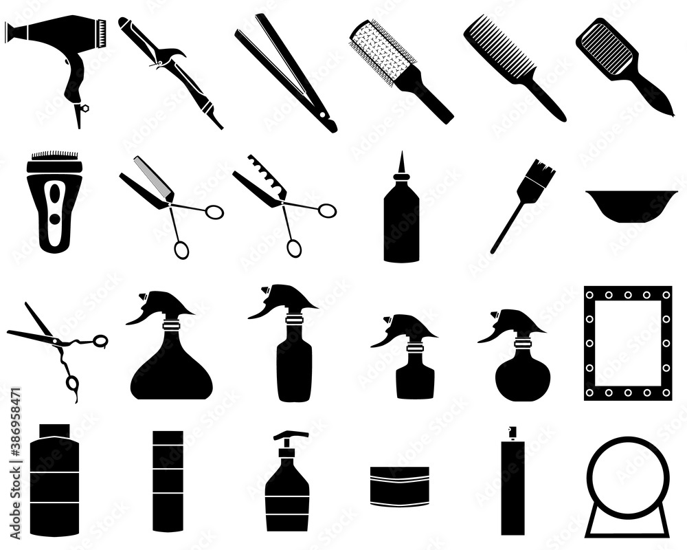 Hair care big set with different components like a dryer, straightener, curling iron, scissers, spray, shampoo, mirror and others. Hairdresser tool simple isoleted icons Hair care big set with different components like a dryer, straightener, curling iron, scissers, spray, shampoo, mirror and others. Hairdresser tool simple isoleted icons