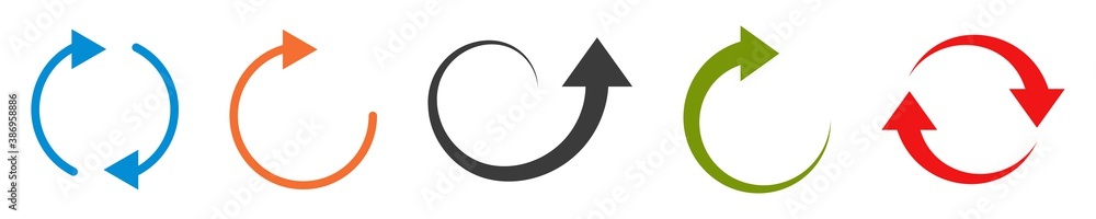 Set of arrows on white background. Isolated colorful circular icons. Repeat and reload sign. Forward and rewind collection. Start and refresh symbol. Modern simple arrow collection. Vector EPS 10. Set of arrows on white background. Isolated colorful circular icons. Repeat and reload sign. Forward and rewind collection. Start and refresh symbol. Modern simple arrow collection. Vector EPS 10.