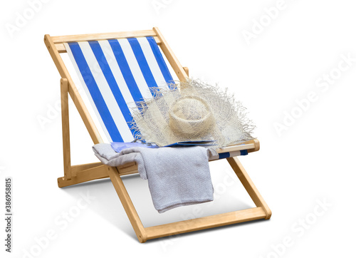 Fotobehang chaise lounge or beach chair isolate with white weave hat on white background wi