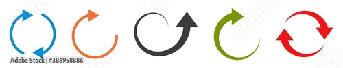 Set of arrows on white background. Isolated colorful circular icons. Repeat and reload sign. Forward and rewind collection. Start and refresh symbol. Modern simple arrow collection. Vector EPS 10.