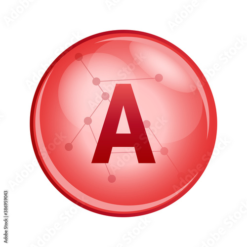 Vector red icon of blood group or blood type A. Red donation cell. Transfusion hematology icon. A positive or negative, where the blood contains type-A antigens isolated on a white background. 