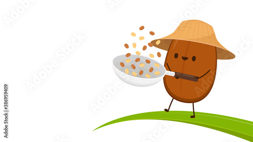 Roasted Coffee in a Cast Iron pan. Coffee bean character design.