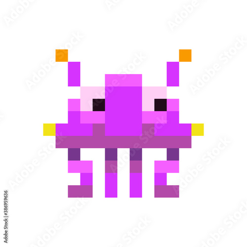 Cute purple space invader monster, game enemy in pixel art style on white