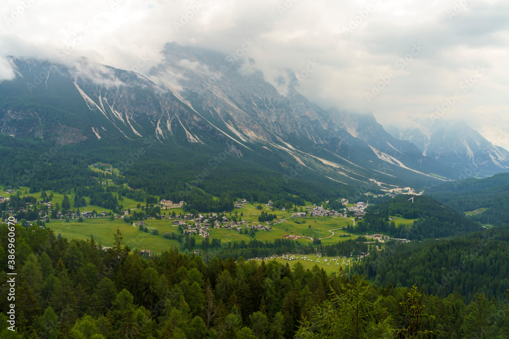 Mountain landscape along the road to Passo Giau, Dolomites, Veneto, Italy