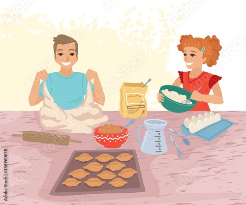 Boy and girl cook pastries, cooking with children, knead the dough, flour and pies on the table. Hobbies of children. Vector concept illustration.