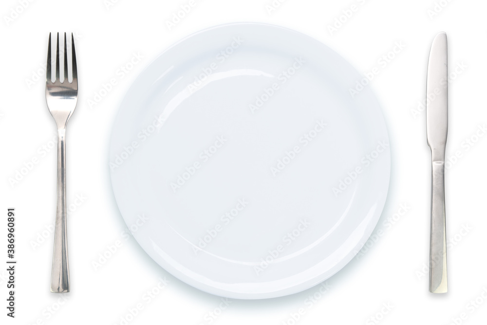 Cooking template - top view of an empty white plate with knife and fork isolated on a white background Cooking template - top view of an empty white plate with knife and fork isolated on a white background