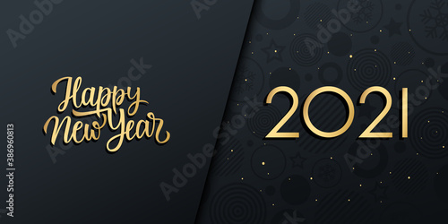 2021 New Year luxury holiday banner with gold handwritten inscription Happy New Year. Vector illustration.
