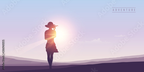 pretty girl with summer hat silhouette at sunny summer sky background vector illustration EPS10