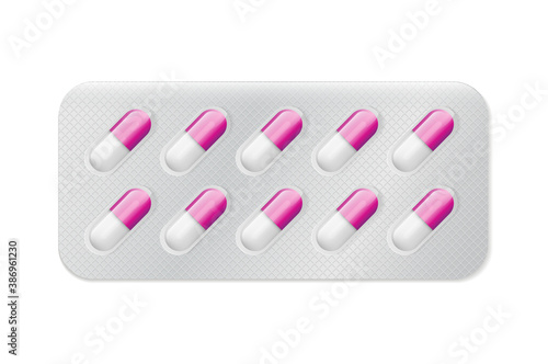 Pills or capsules white and blue in blister package for tablet vector Illustration design.
