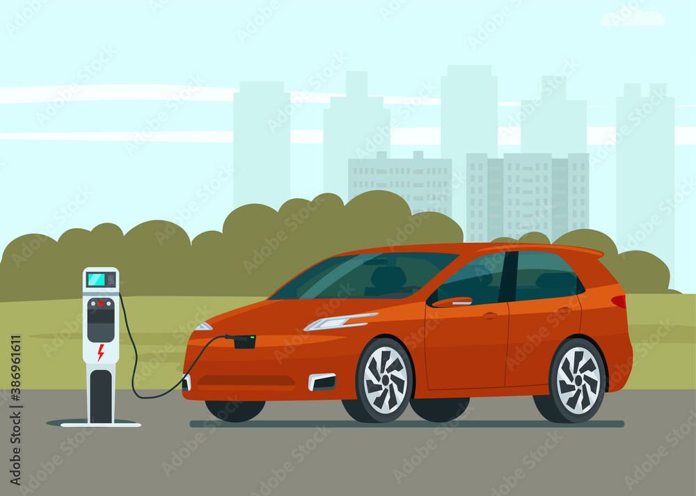 Electric CUV car in an abstract city. Electric car is charging. Vector flat style illustration.