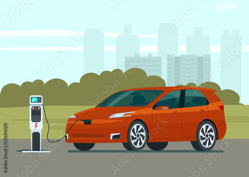 Fototapeta Naklejka Na Ścianę i Meble -  Electric CUV car in an abstract city. Electric car is charging. Vector flat style illustration.