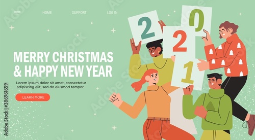 Banner, flyer, landing page with happy people or office workers, employees hold signs with numbers 2021. Group of friends or team wish Merry Christmas and happy New Year to clients. Holiday greeting.