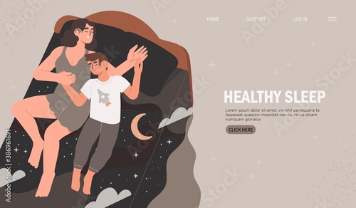 Sweet dreams concept. Mother sleep with his child. Woman and son in bed, night sky, stars. Mattress, bed linen advertisement. Design template with healthy sleeping for flyer, banner, landing web page.