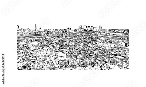 Building view with landmark of Boston is the capital and most populous city of United States. Hand drawn sketch illustration in vector.