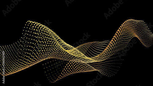 An abstract stream of golden radiance flying in outer space through galaxies and orbits. Star clusters networks.