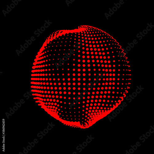 A deformed deflating sphere formed from a sea of dots. An unstable sphere, iridescent with abstract smooth deformations.