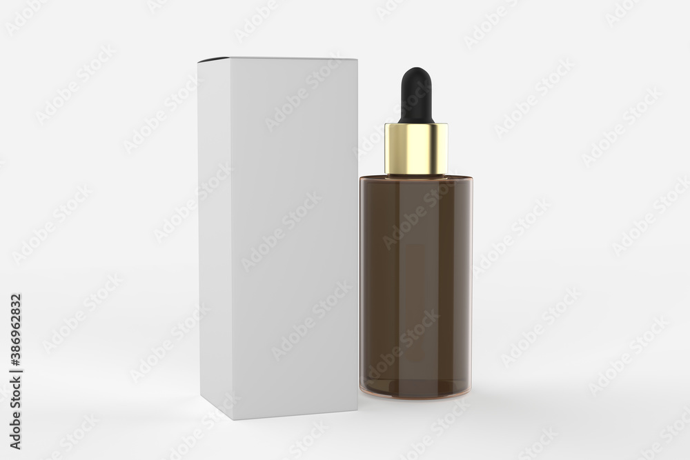 Amber tincture dropper bottle with box isolated white background.3d illustration Amber tincture dropper bottle with box isolated white background.3d illustration