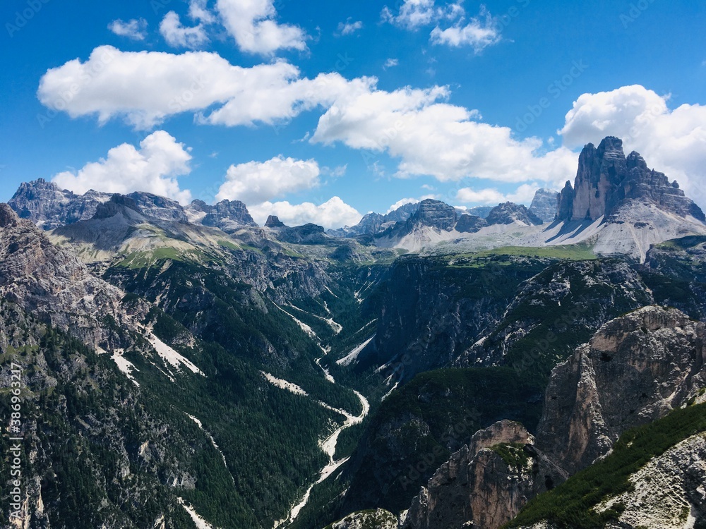 Mountain landscape with the Tre Cime di Lavaredo peaks in the Dolomites