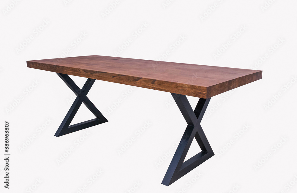 wooden lacquered table with black metal legs on white background standing at an angle of 45 degrees wooden lacquered table with black metal legs on white background standing at an angle of 45 degrees