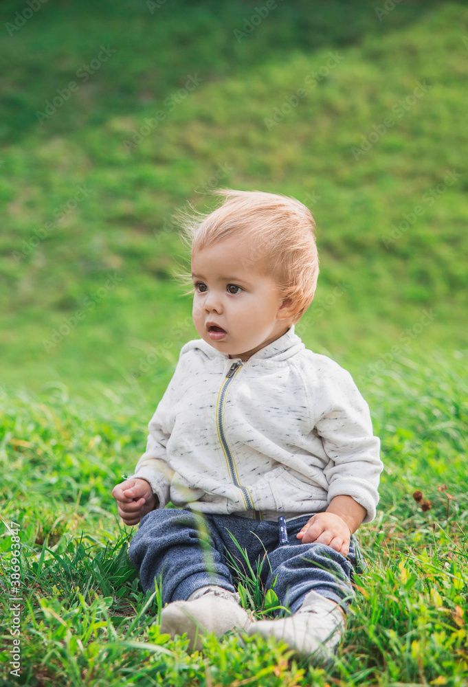 Cute surprised baby sitting on a meadow Cute surprised baby sitting on a meadow