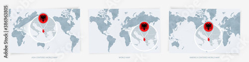 Three versions of the World Map with the enlarged map of Albania with flag.