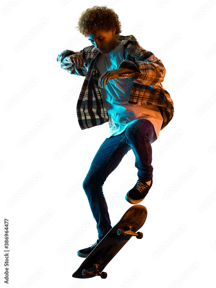 one cauacsian young man skateboarder Skateboarding in studio silhouette shadow isolated on white background one cauacsian young man skateboarder Skateboarding in studio silhouette shadow isolated on white background