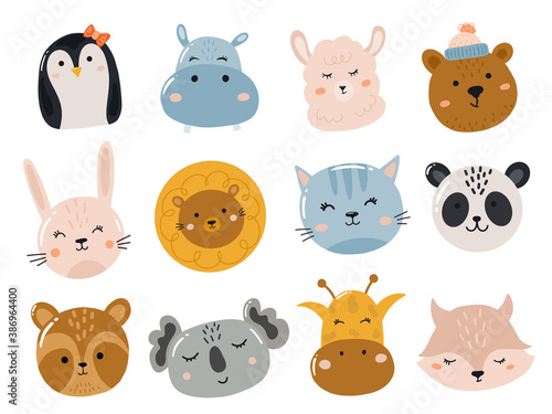 Fototapeta Naklejka Na Ścianę i Meble -  Set of cute stickers with animals head and face. Vector hand drawn illustration.