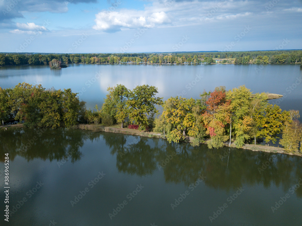 Aerial view of the lake in calm weather in the autumn at sunrise. View from air. Pond, orange grass, trees at dawn. Colorful aerial landscape at sunset in fall. Top view
Nature background concept