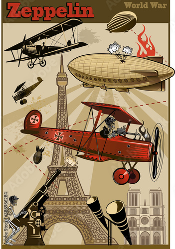 Vintage world war biplanes and Zeppelin. World War I