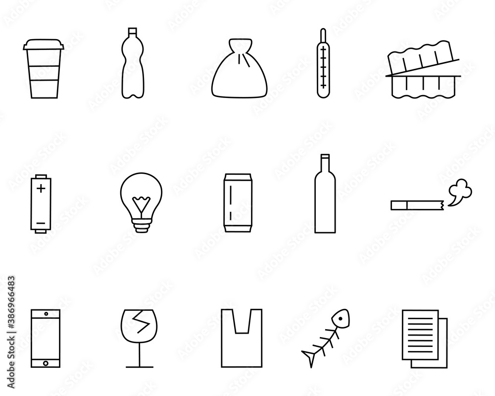 Different kinds of waste icons set. Thin line style. Set includes such icons as plastic and glass bottles, container, thermometer, battery, phone, bag, papers, electric lamp, cigarette etc. Different kinds of waste icons set. Thin line style. Set includes such icons as plastic and glass bottles, container, thermometer, battery, phone, bag, papers, electric lamp, cigarette etc.