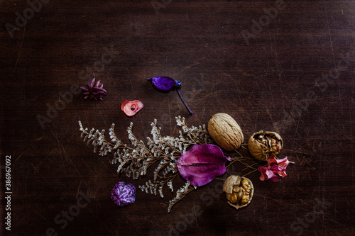 fall beautiful and vibrant colors with foliage purple dried leaves and cracked wallnuts on a dark background flat lay photo