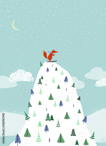 Vector illustration of a red Fox skier on a mountain peak.Christmas greeting card.Funny cartoon character