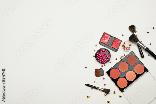 Luxury makeup kit. Fashion Makeup Cosmetic accessories on white background. Top view. Flat lay with copy space