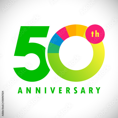 50 th anniversary numbers. 50 years old coloured congrats. Cute congratulation concept. Isolated abstract graphic design template. Colour digits. Up to 50%, -50% percent off discount. Decorative sign.