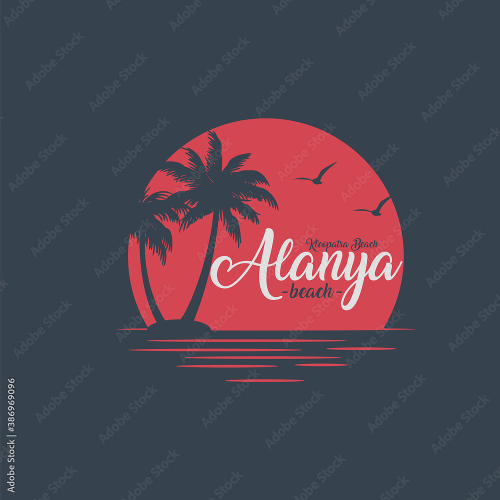 Alanya Mediterranean Coast tee print with palm trees, t shirt design, typography, poster.