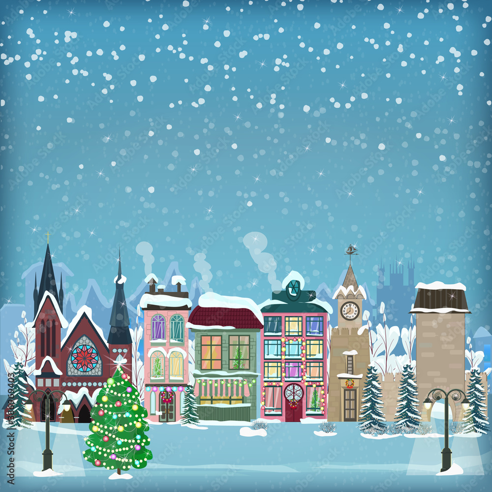 Happy New year and Christmas illustration with a winter snow-covered European town and old houses. Greeting card with space for text. Vector illustration in cartoon style.