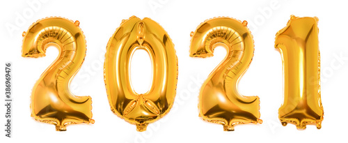 Foil Golden Christmas 2021 balloons in form of numbers isolated on white background. Happy New Year 2021. Flat lay, top view. Banner