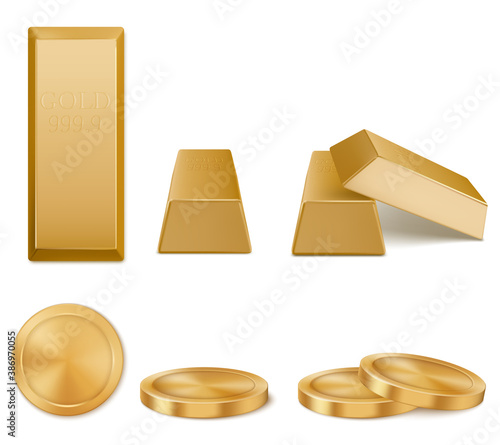 Golden bars, yellow metal ingots and coins isolated on white background. Concept of money investment, solid currency, financial reserve. Vector realistic set of pure gold bullions and coins top view