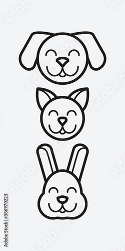 Pet heads. Smiling cute dog, cat and rabbit