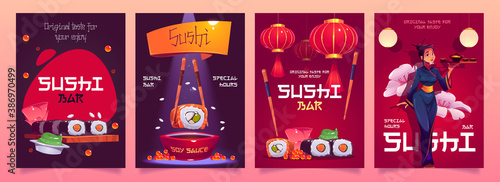 Sushi bar flyers with japanese food, red asian lanterns and waitress in kimono. Vector cartoon set of advertising posters for cafe or restaurant with rolls, rice and seafood