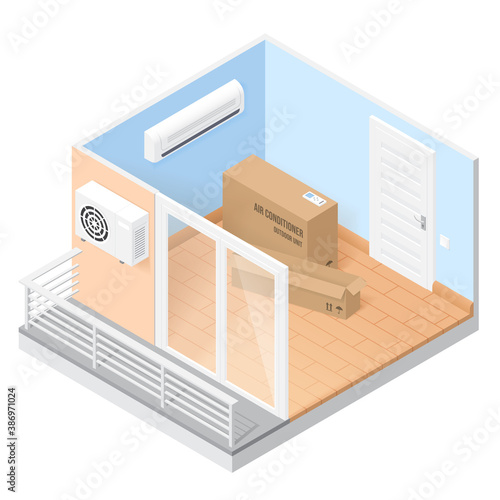 Air conditioner in empty room with balcony. Vector isometric illustration of home or office with condition system. Concept of install ventilation aircon in house or apartment