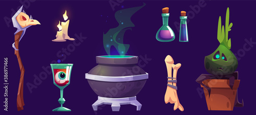 Magic or halloween stuff witch cauldron, staff with bird skull, burning candles, eyeball in goblet, potion in beakers, bones and potted plant, pc game items isolated cartoon illustration, icons set