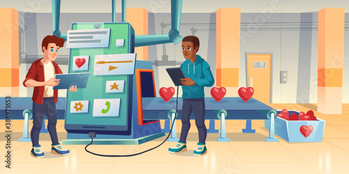 Mobile app development, love or like manufacturing process, developers, smartphone and conveyor belt. People create nonprofit application or software for donation or dating Cartoon vector illustration