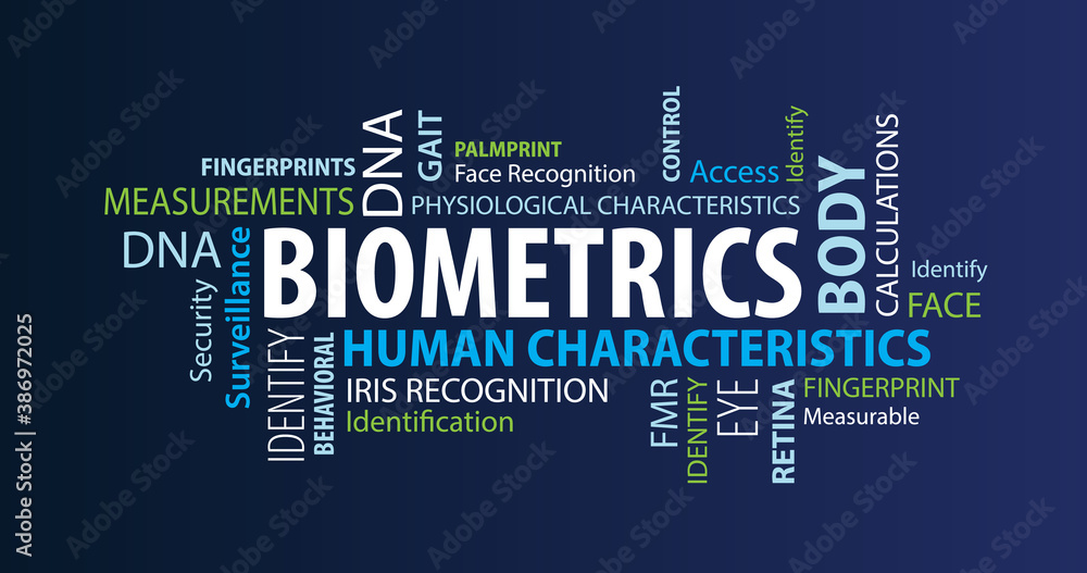 Obraz premium Biometrics Word Cloud on a Blue Background