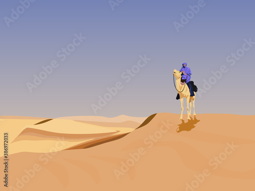 A camel rider in the desert has a sky background.