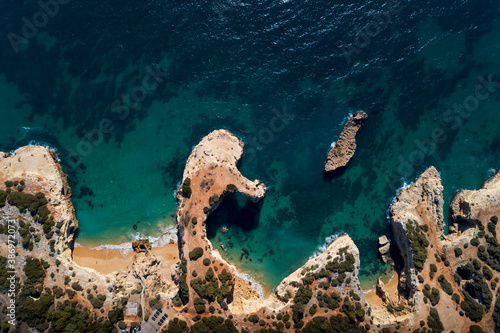 Aerial view of the beautiful Albandeira Beach (Praia da Albandeira) in Lagoa, Algarve, Portugal