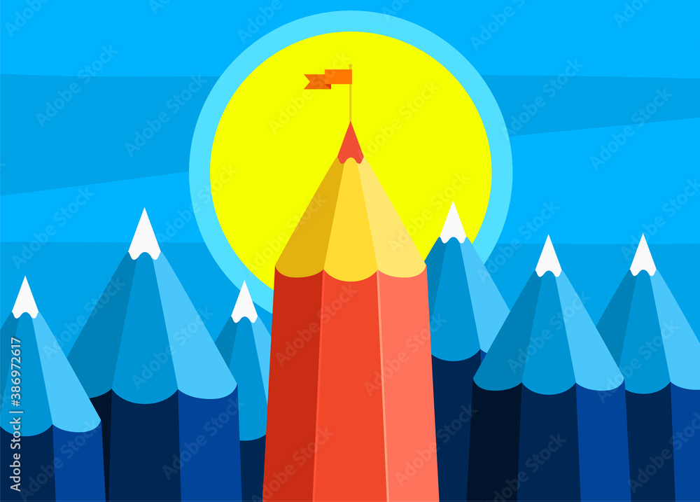 Concept of creative success. Goal achievement, mountain with flag. Concept of creative success. Goal achievement, mountain with flag.