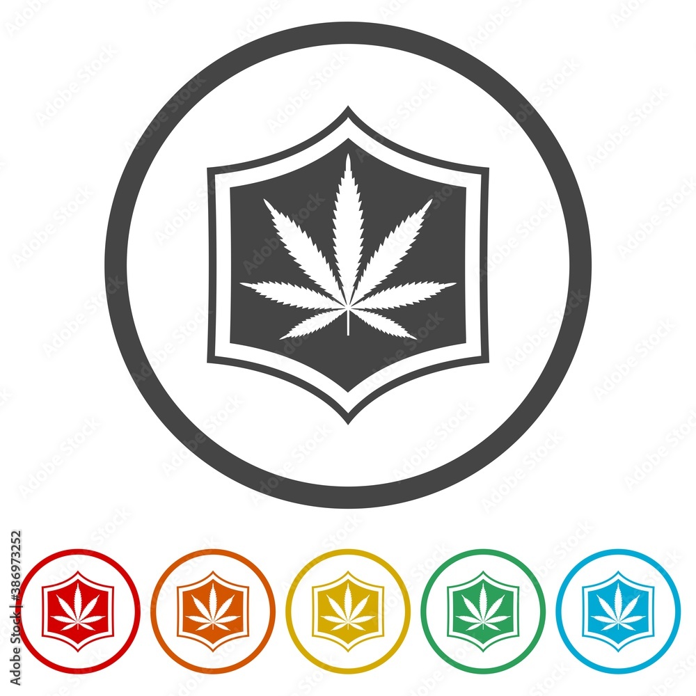 Shield and marijuana or cannabis leaf ring icon, color set Shield and marijuana or cannabis leaf ring icon, color set